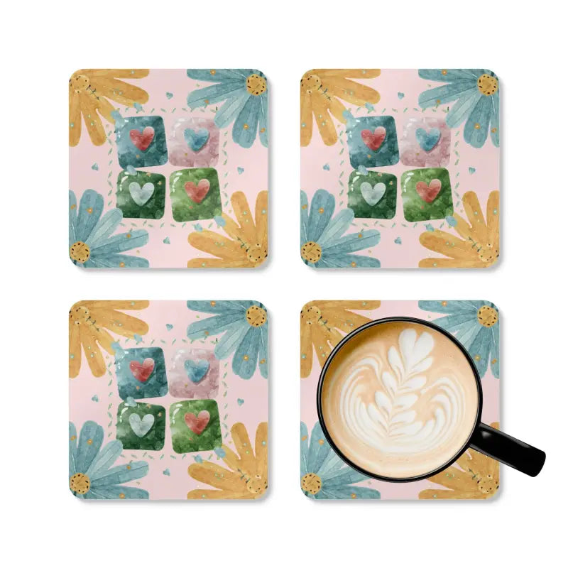 Fall in Love with Heartfelt Hearts Corkwood Coaster Set - Cork / 3.75’’ × / Square Home Decor