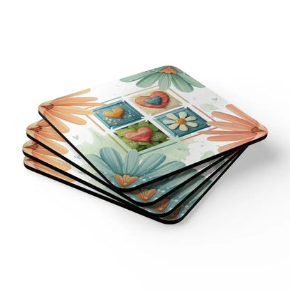 Enchanting Hearts Corkwood Coaster Set for Elegant Dining Decor - Cork / 3.75’’ × / Square Home