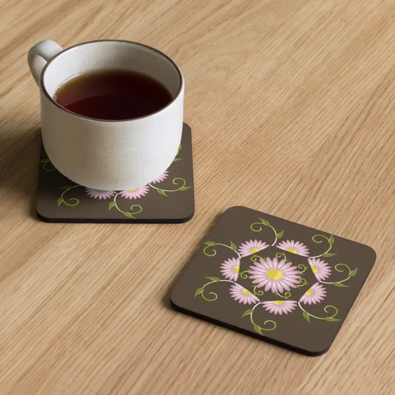 Heat-resistant Cork Coasters with Pink Flower Elegance - Kitchen and Dining