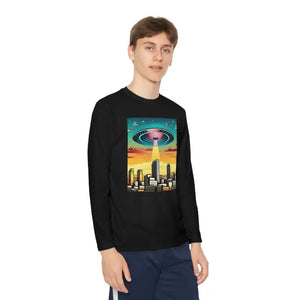 Ufo in the City Youth Long Sleeve Tee High Rise Buildings - Dipaliz - Black / s - T-shirts