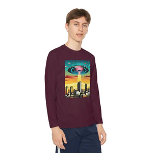 Ufo in the City Youth Long Sleeve Tee High Rise Buildings - Dipaliz - Maroon / s - T-shirts