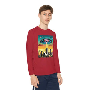 Ufo in the City Youth Long Sleeve Tee High Rise Buildings - Dipaliz - True Red / s - T-shirts
