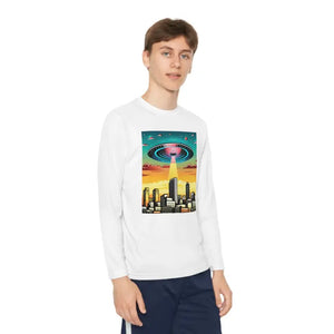 Ufo in the City Youth Long Sleeve Tee High Rise Buildings - Dipaliz - White / s - T-shirts