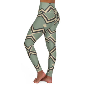 Geo Chevron Yoga Leggings - Sage Green Patterned High Waist - Dipaliz - Gifts Online