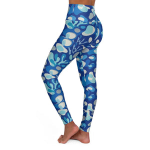 High-waisted Blue Ocean Print Yoga Leggings, Stretchy Aop Activewear - All Over Prints