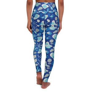 High-waisted Blue Ocean Print Yoga Leggings, Stretchy Aop Activewear - All Over Prints