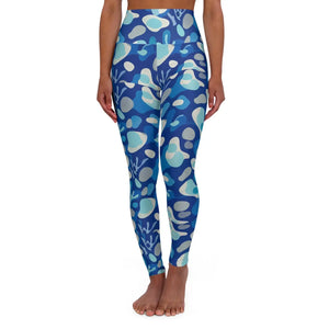High-waisted Blue Ocean Print Yoga Leggings, Stretchy Aop Activewear - All Over Prints