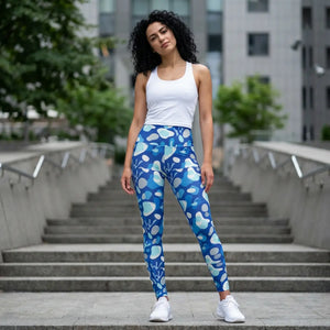 High-waisted Blue Ocean Print Yoga Leggings, Stretchy Aop Activewear - Xs - All Over Prints