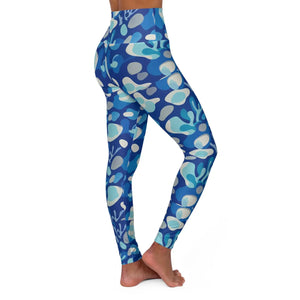 High-waisted Blue Ocean Print Yoga Leggings, Stretchy Aop Activewear - All Over Prints