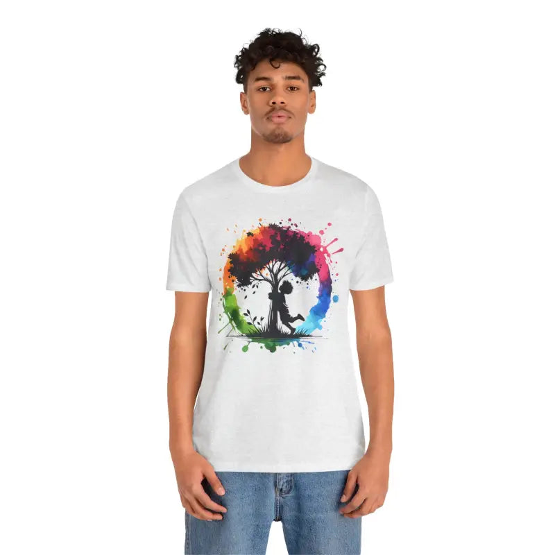 Vibrant Boy Hugging Tree Tee - Unisex Outdoor Style - Ash / s T-shirt