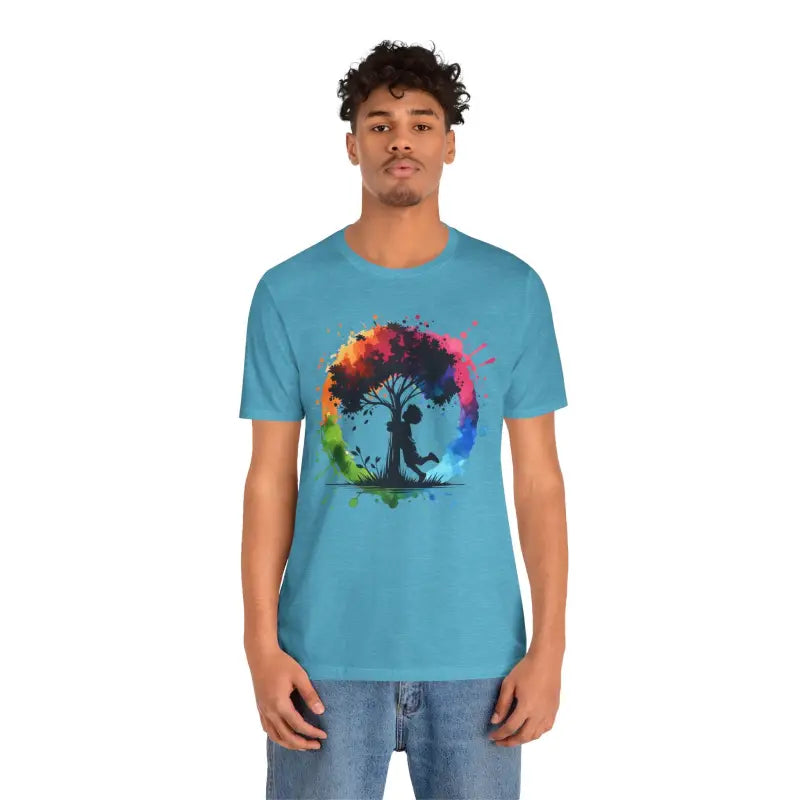 Vibrant Boy Hugging Tree Tee - Unisex Outdoor Style - Heather Aqua / s T-shirt