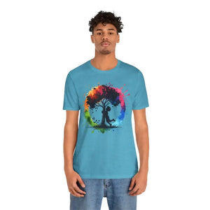 T-shirt - Boy Hugging Tree Tee - Nature Lover Vibrant Top - Dipaliz Heather Aqua / s