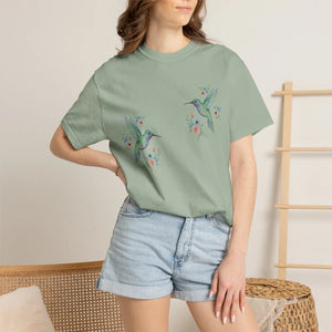 Hummingbird Floral T-shirt, Watercolor Bird Graphic Tee - T-shirts