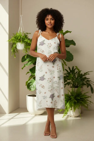 Muted Botanical Midi Dress - Indoor Plants Setting