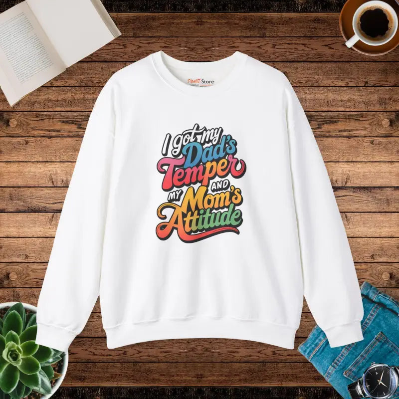 Unisex Heavy Blend Sweatshirt: Dad’s Temper Mom’s Attitude! - s / White Sweatshirt