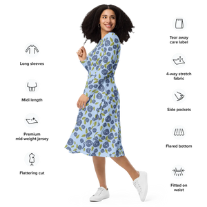 Blue Roses Long Sleeve Midi – Polyester Elastane - Dipaliz - Dresses - Xs