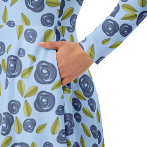 Blue Roses Long Sleeve Midi – Polyester Elastane - Dipaliz - Dresses - Xs