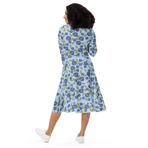 Blue Roses Long Sleeve Midi – Polyester Elastane - Dipaliz - Dresses - Xs