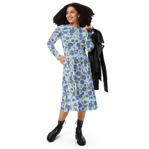 Blue Roses Long Sleeve Midi – Polyester Elastane - Dipaliz - Dresses - Xs