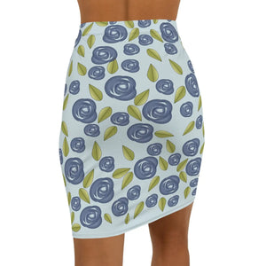 Floral Blue Roses Women’s Mini Skirt - Stretch Pencil - Dipaliz - Skirts - Xs