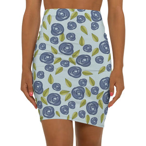 Floral Blue Roses Women’s Mini Skirt - Stretch Pencil - Dipaliz - Skirts - Xs