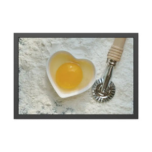 An Egg Yolk on a Bowl Flour with Pasta Cutter Framed Paper Posters - 30″ x 20″ (horizontal) / Black Frame / Fine Art