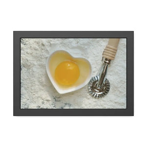 An Egg Yolk on a Bowl Flour with Pasta Cutter Framed Paper Posters - 18″ x 12″ (horizontal) / Black Frame / Fine Art