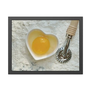 An Egg Yolk on a Bowl Flour with Pasta Cutter Framed Paper Posters - 24″ x 18″ (horizontal) / Black Frame / Fine Art