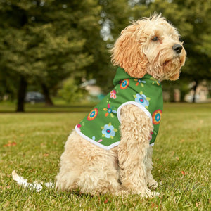 DipaliZ Floral Green dog hoodie, all-over leaf and bloom print on 100% polyester