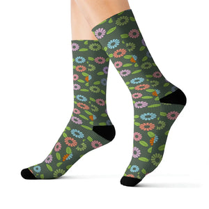 Floral Pattern Sublimation Socks - Cozy Green Spandex - Dipaliz
