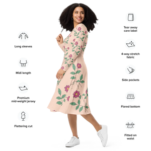 Floral Pink Long Sleeve Midi – Jersey Knit - Dipaliz - Dresses - Xs