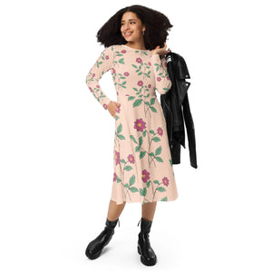 Floral Pink Long Sleeve Midi – Jersey Knit - Dipaliz - Dresses - Xs