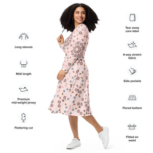 Floral Midi Dress – Pink Long Sleeve Boat Neck - Dipaliz - Dresses - Xs
