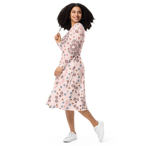 Floral Midi Dress – Pink Long Sleeve Boat Neck - Dipaliz - Dresses - Xs