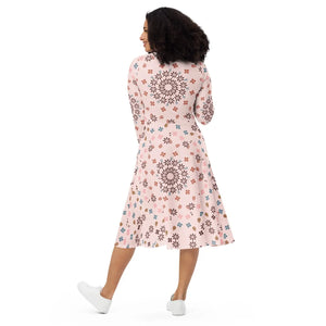Floral Midi Dress – Pink Long Sleeve Boat Neck - Dipaliz - Dresses - Xs