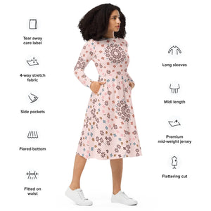 Floral Midi Dress – Pink Long Sleeve Boat Neck - Dipaliz - Dresses - Xs