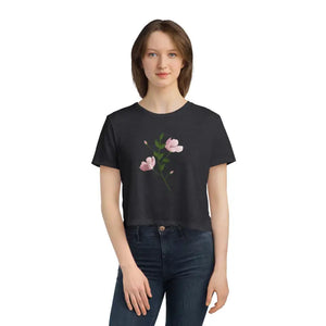 Flowy Cropped Tee Pink Flower Polyester Style - Dipaliz - T-shirts