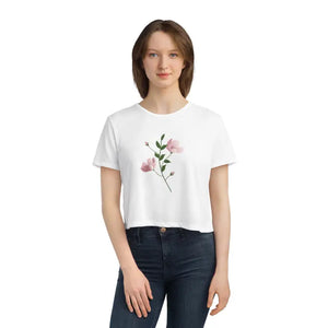 Flowy Cropped Tee Pink Flower Polyester Style - Dipaliz - T-shirts