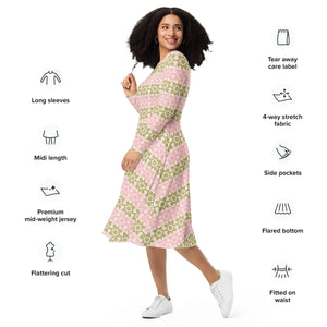 Pink and Green Midi Dress – Long Sleeve - Dipaliz - Dresses - s