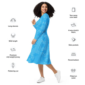 Blue Midi Dress – Print Long Sleeve Occasion - Dipaliz - Dresses - Xs
