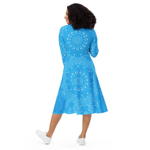 Blue Midi Dress – Print Long Sleeve Occasion - Dipaliz - Dresses - Xs