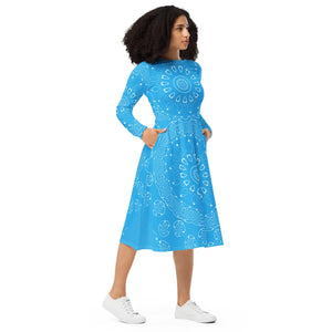 Blue Midi Dress – Print Long Sleeve Occasion - Dipaliz - Dresses - Xs