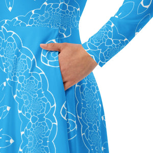 Blue Midi Dress – Print Long Sleeve Occasion - Dipaliz - Dresses - Xs