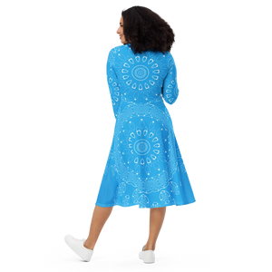 Blue Midi Dress – Print Long Sleeve Occasion - Dipaliz - Dresses - Xs