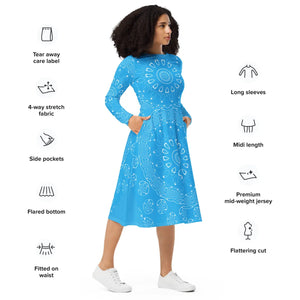 Blue Midi Dress – Print Long Sleeve Occasion - Dipaliz - Dresses - Xs