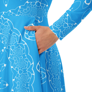 Blue Midi Dress – Print Long Sleeve Occasion - Dipaliz - Dresses - Xs