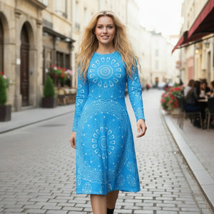 Blue Midi Dress – Print Long Sleeve Occasion - Dipaliz - Dresses - Xs