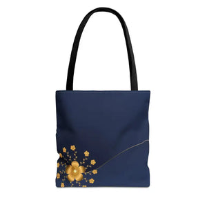 Tote Bag - Gold Flowers Navy Blue All Over Print - Dipaliz - 13’’ × / Black - Bags