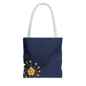 Tote Bag - Gold Flowers Navy Blue All Over Print - Dipaliz - 13’’ × / White - Bags