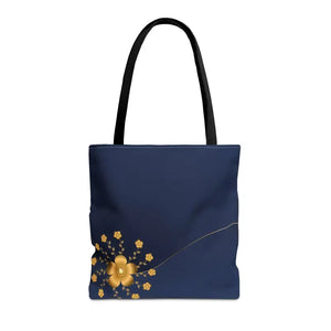 Tote Bag - Gold Flowers Navy Blue All Over Print - Dipaliz - 16’’ × / Black - Bags